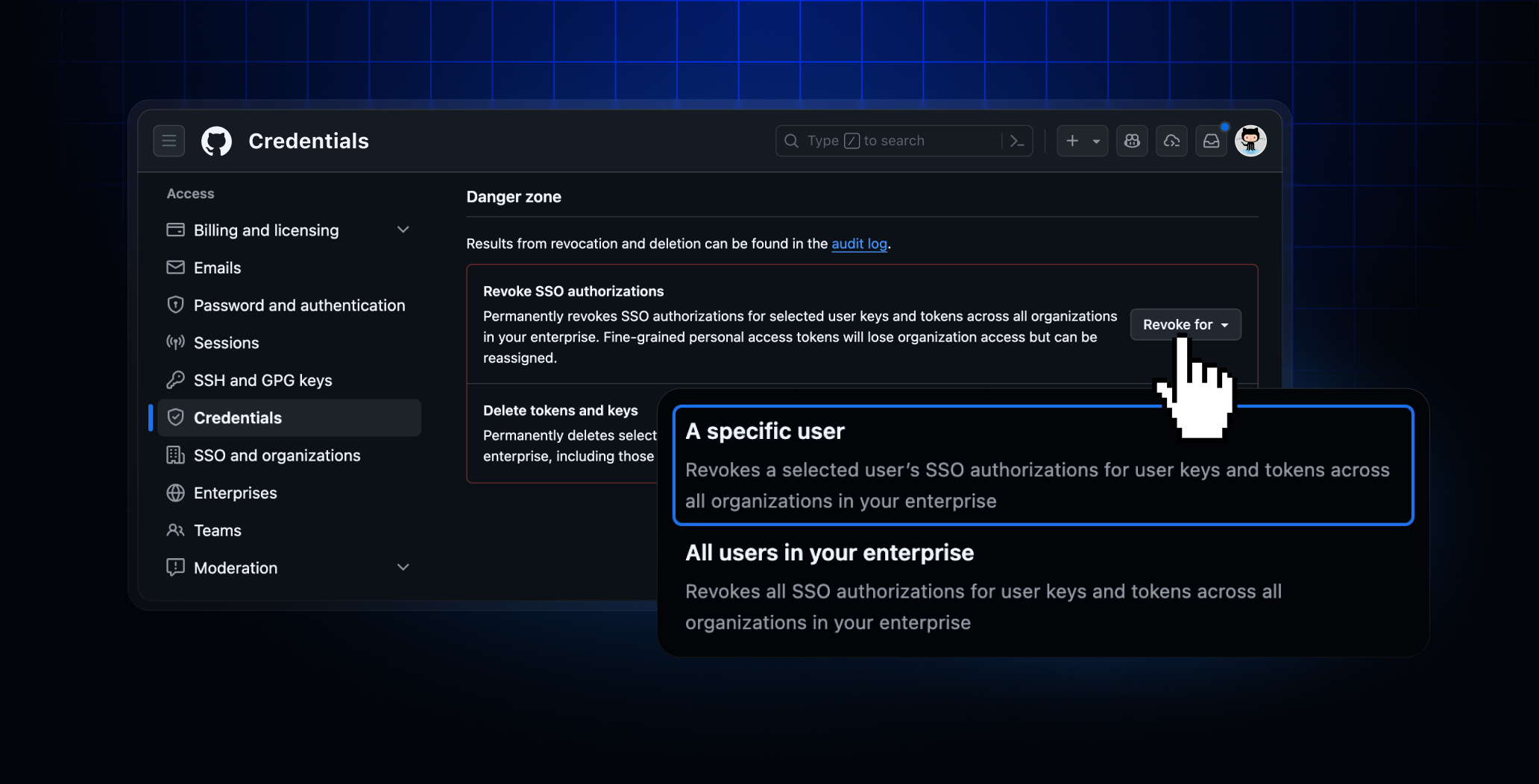Enterprise credential management page in an EMU enterprise, showing actions to revoke or delete all credentials for a specific user
