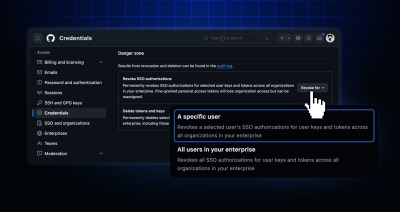 Enterprise credential management page in an EMU enterprise, showing actions to revoke or delete all credentials for a specific user