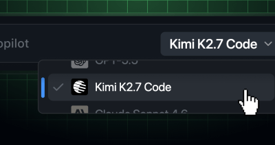 The Copilot model picker showing Kimi K2.7 selected