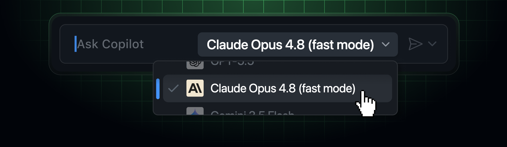 The Copilot model picker with a pull-down menu showing fast mode for Claude Opus 4.8 selected