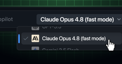 The Copilot model picker with a pull-down menu showing fast mode for Claude Opus 4.8 selected