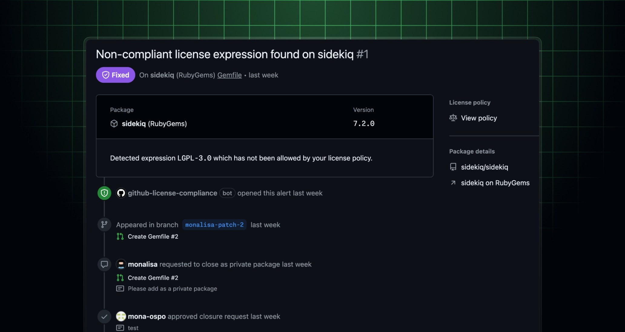 The timeline of events for a license compliance alert, showing a non-compliant license expression and subsequent approvals