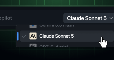 The Copilot model picker with a pull-down menu showing Claude Sonnet 5 selected