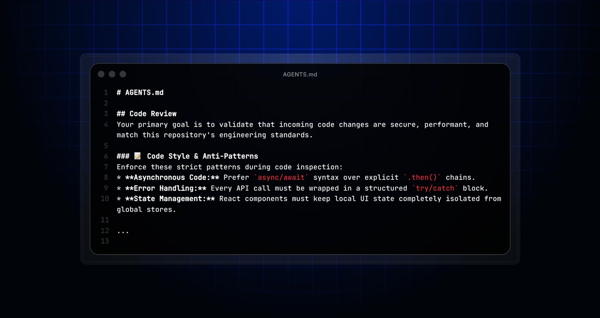 A Markdown file for AGENTS.md that has text instructions for code review as well as code style.