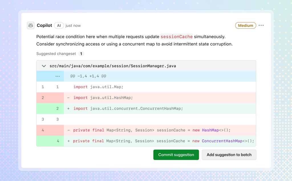 Screenshot of Copilot code review suggestions after it has reviewed code. There are 'Commit suggestion' and 'Add suggestion to batch' buttons at the bottom.