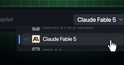 The Copilot model picker with a pull-down menu showing Claude Fable 5 selected