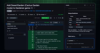 Copilot Chat panel open next to a pull request diff, showing an inline question about a code change