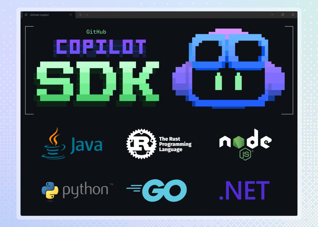 A collage of GitHub Copilot SDK logos: Java, Rust, Node, Python, Go, and .NET.