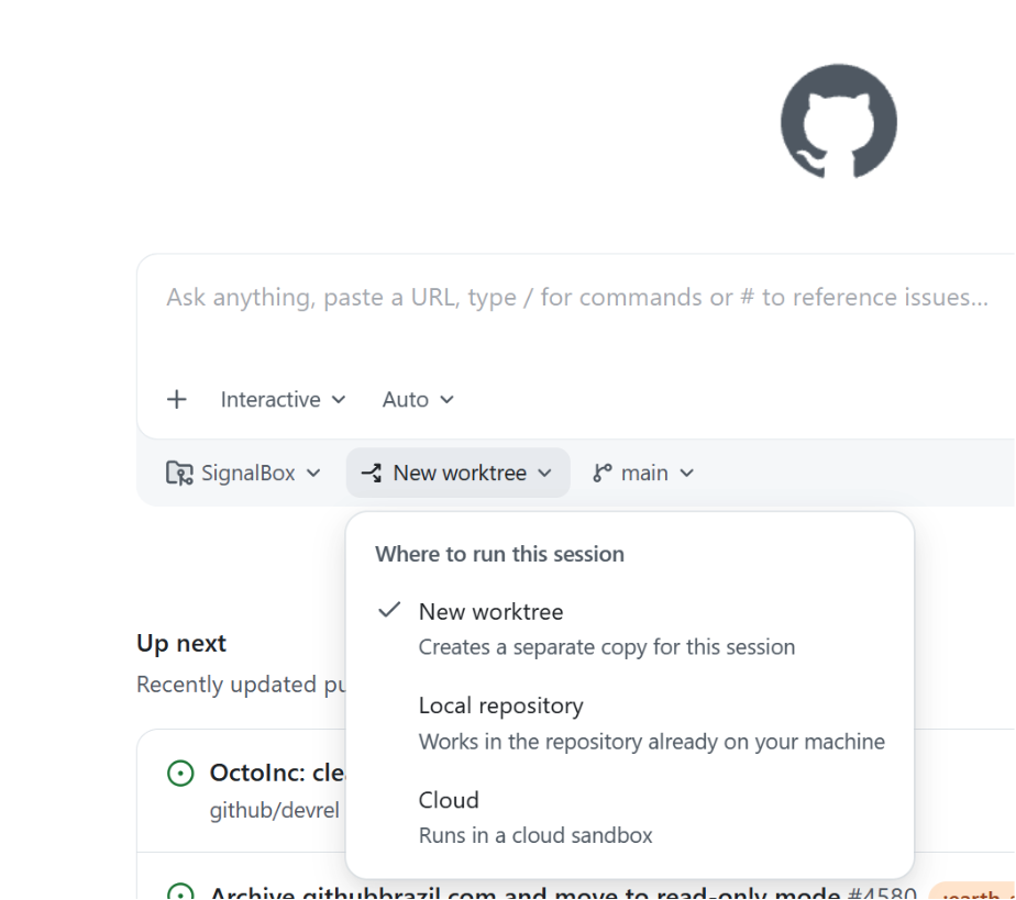 GitHub Copilot app의 새 worktree 드롭다운에서 작업 위치를 선택하는 화면
