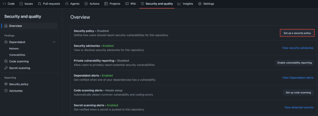 Screenshot of GitHub settings. Security and quality > Set up a security policy are highlighted.