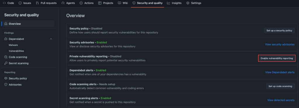 Screenshot of GitHub settings. Security and quality > Enable vulnerability reporting is highlighted.