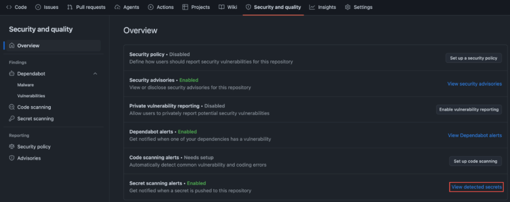 Screenshot of GitHub settings. Security and quality > View detected secrets is highlighted.