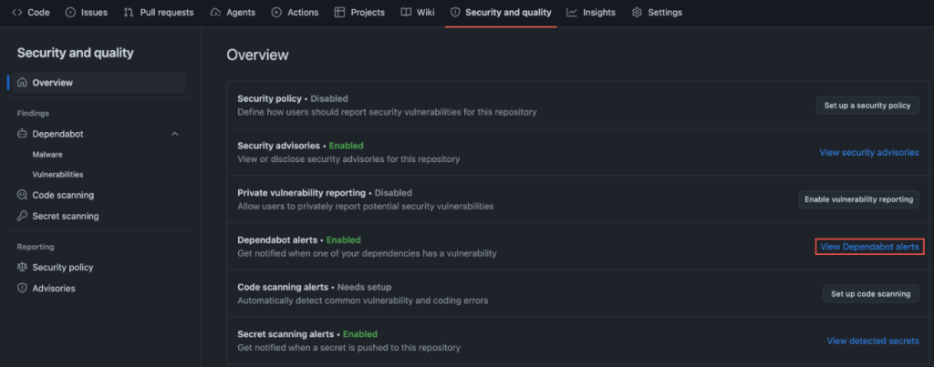 Screenshot of GitHub settings. Security and quality > View Dependabot alerts is highlighted.