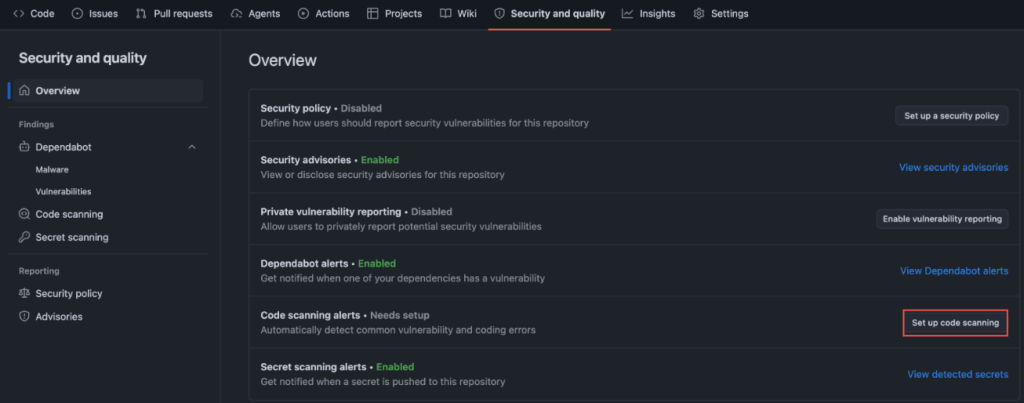 Screenshot of GitHub settings. Security and quality > Set up code scanning is highlighted.