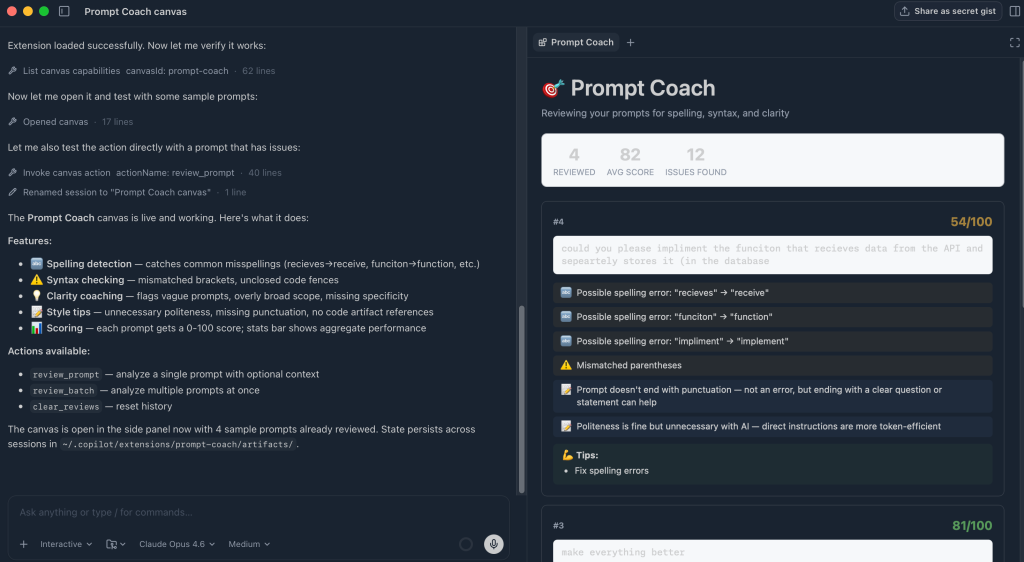 Canvas showing a prompt coach to help improve wording of previous prompts.