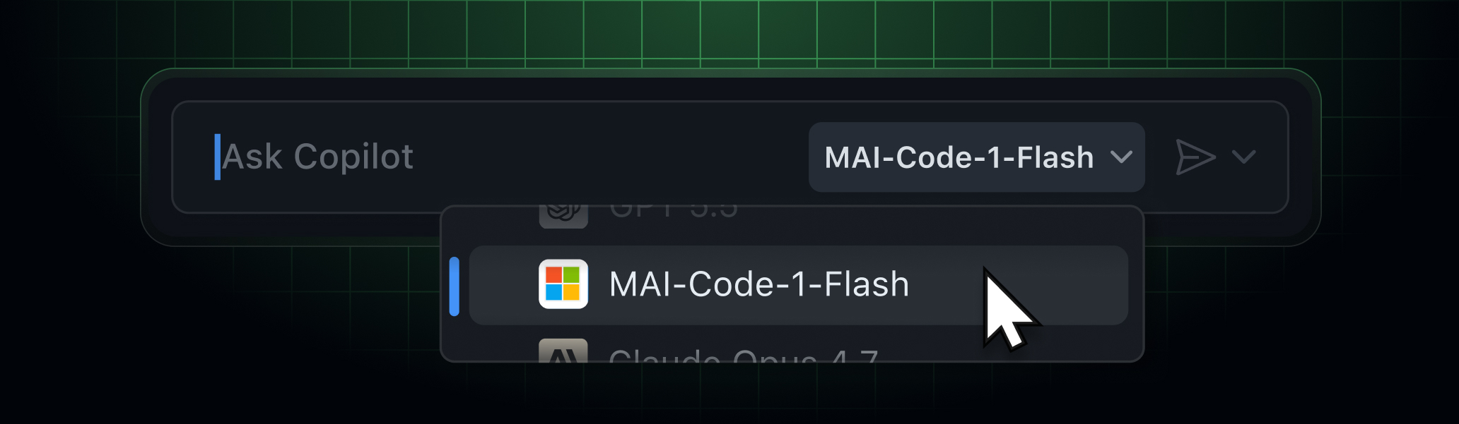 The Copilot model picker with a pull-down menu showing MAI Code 1 Flash selected