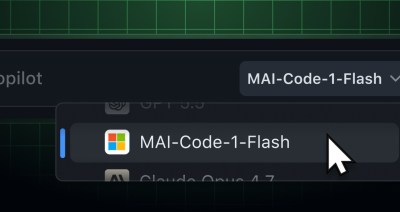 The Copilot model picker with a pull-down menu showing MAI Code 1 Flash selected