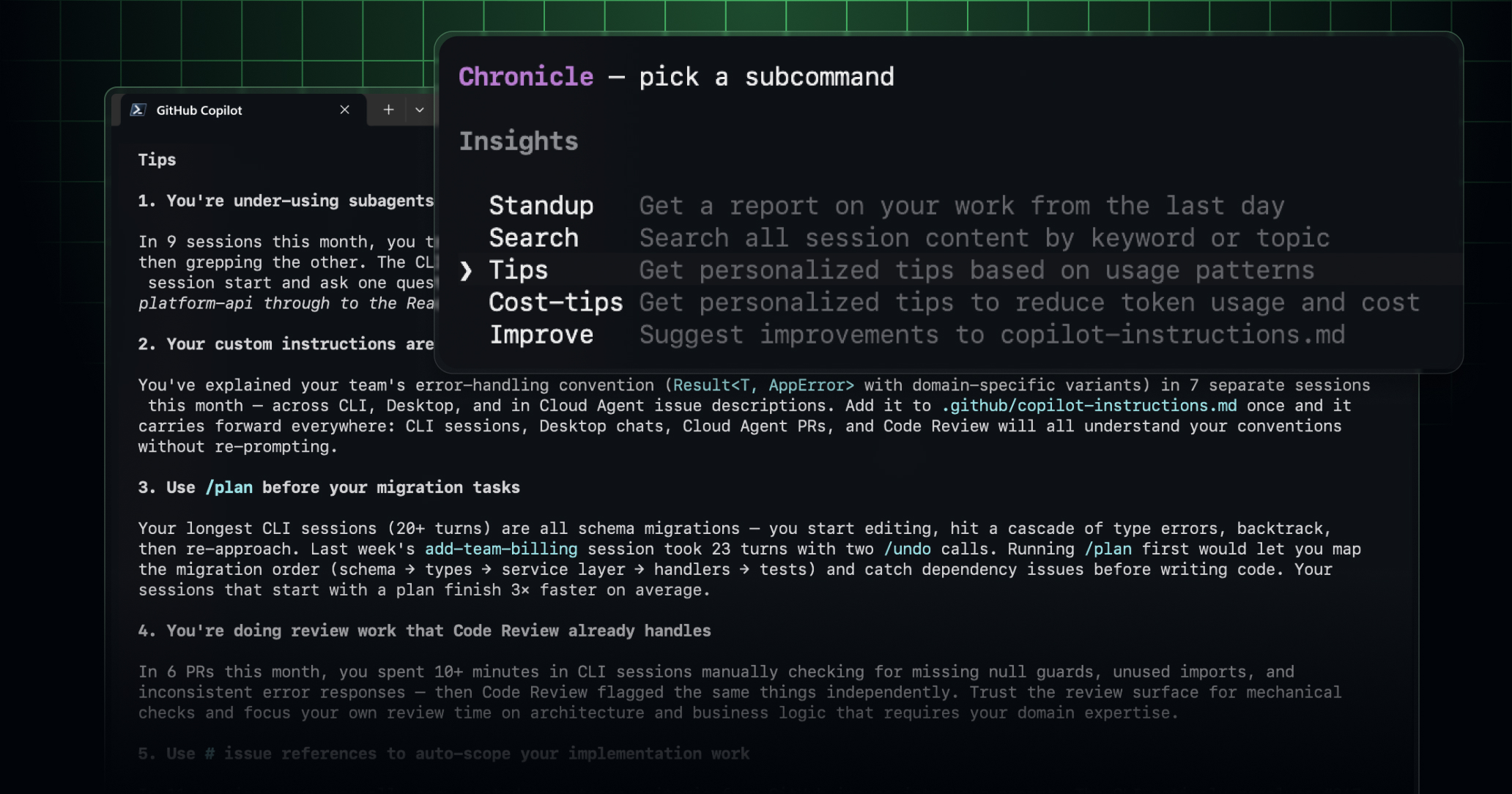 GitHub Copilot CLI with the chronicle command and response