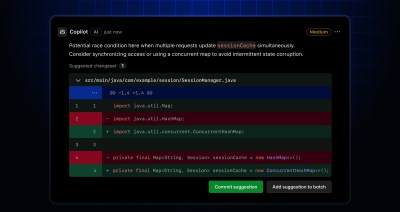 Product UI of Copilot code review flagging a race condition issue with medium review