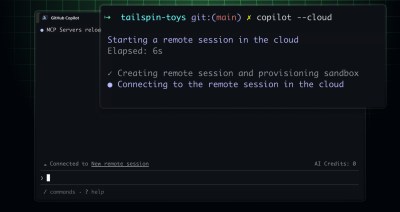 Terminal showing GitHub Copilot CLI executing the command "copilot --cloud", with status messages indicating a remote session is starting in the cloud. The interface shows progress steps: "Creating remote session and provisioning sandbox" (completed) and "Connecting to the remote session in the cloud" (in progress). Elapsed time shows 6 seconds.