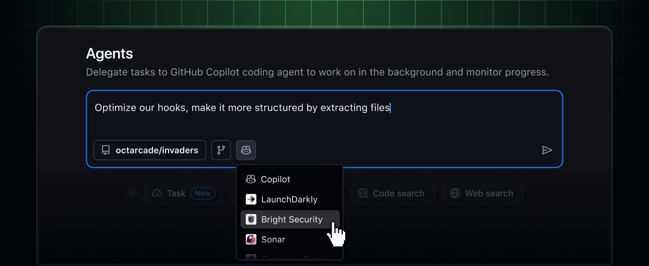 GitHub Agent panel with custom agent apps visible in pulldown menu