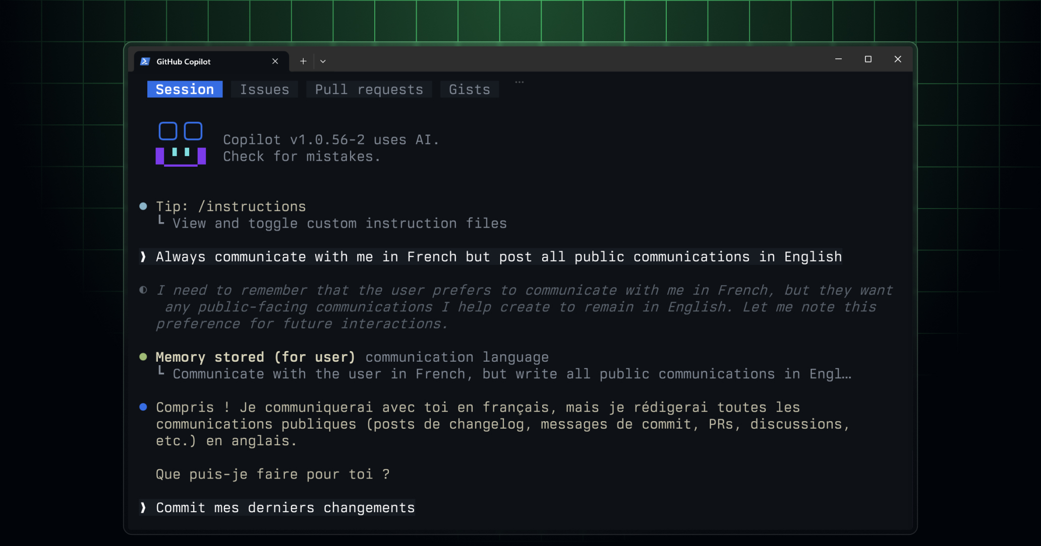 GitHub Copilot CLI shown saving a user preference for speaking french in Copilot Memory