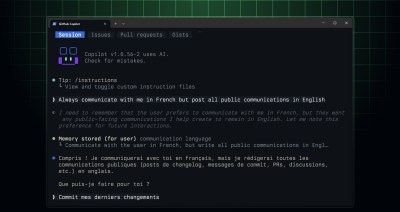 GitHub Copilot CLI shown saving a user preference for speaking french in Copilot Memory