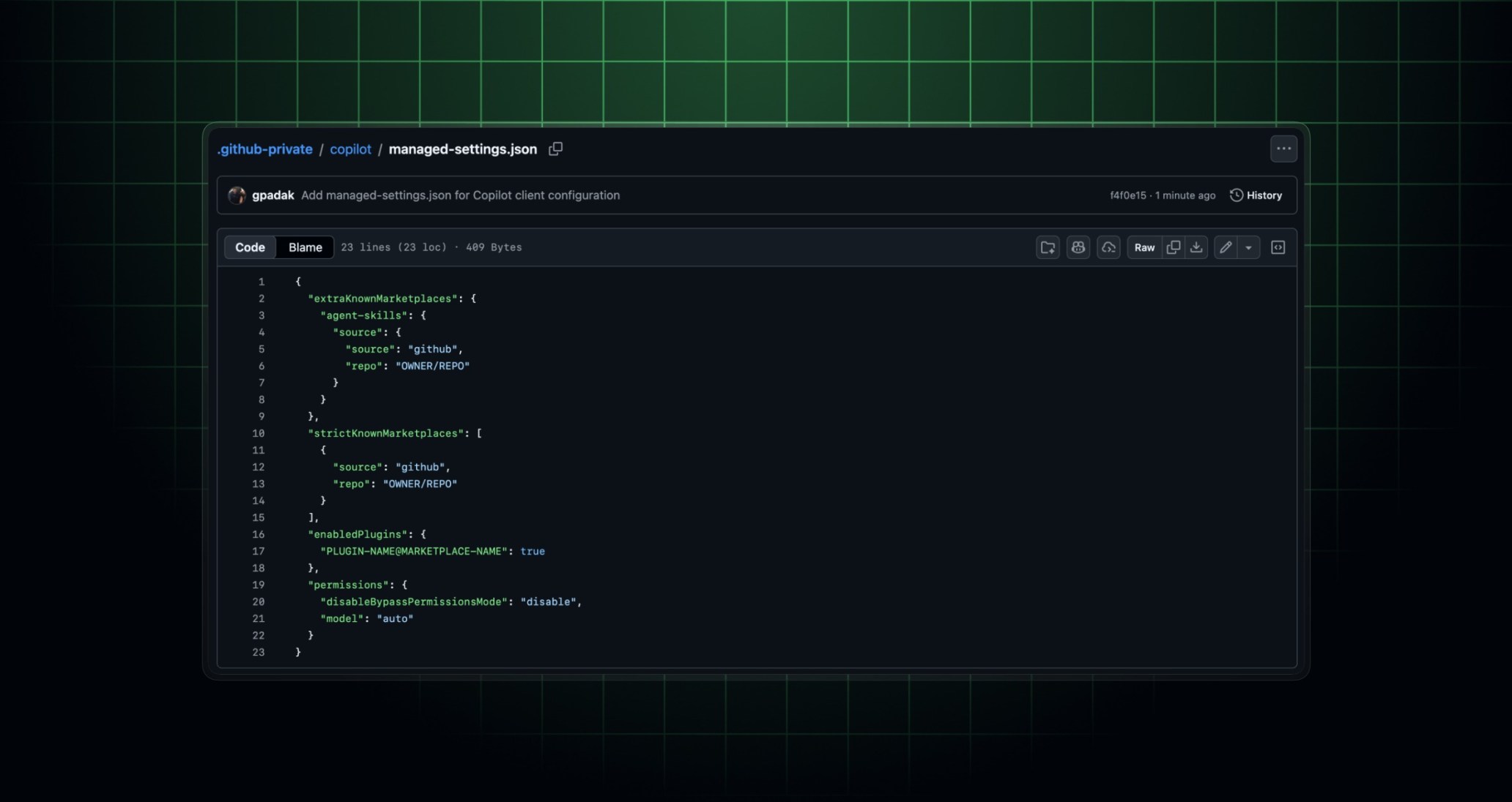 managed-settings.json and its contents shown in a .github-private repository file viewer