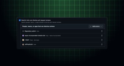 Screenshot of the "Require a pull request before merging" rule in a repository ruleset, showing the "Restrict who can dismiss reviews" setting with an actor picker for selecting users, teams, and apps.