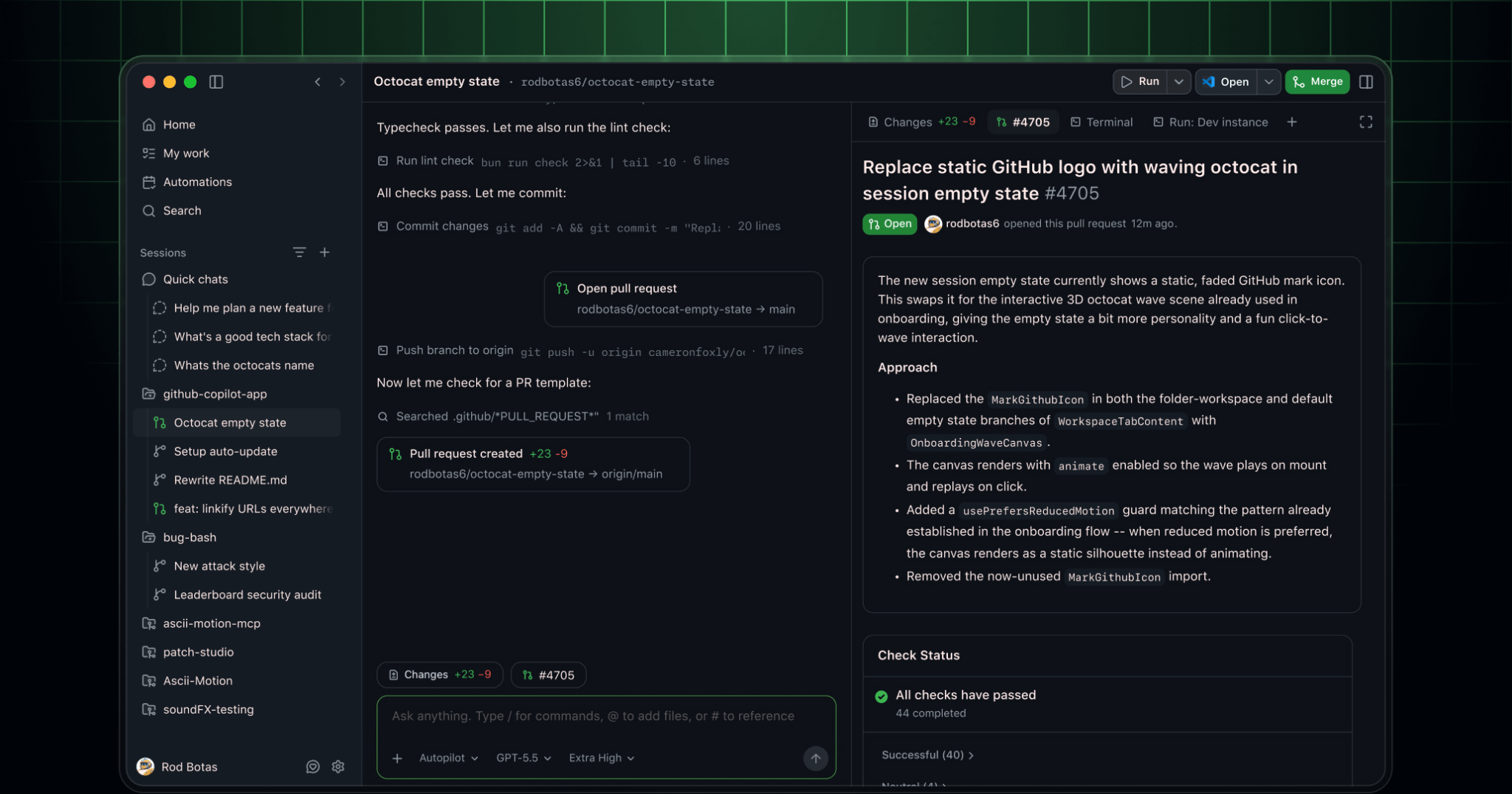 GitHub Copilot app running an agent session on the desktop