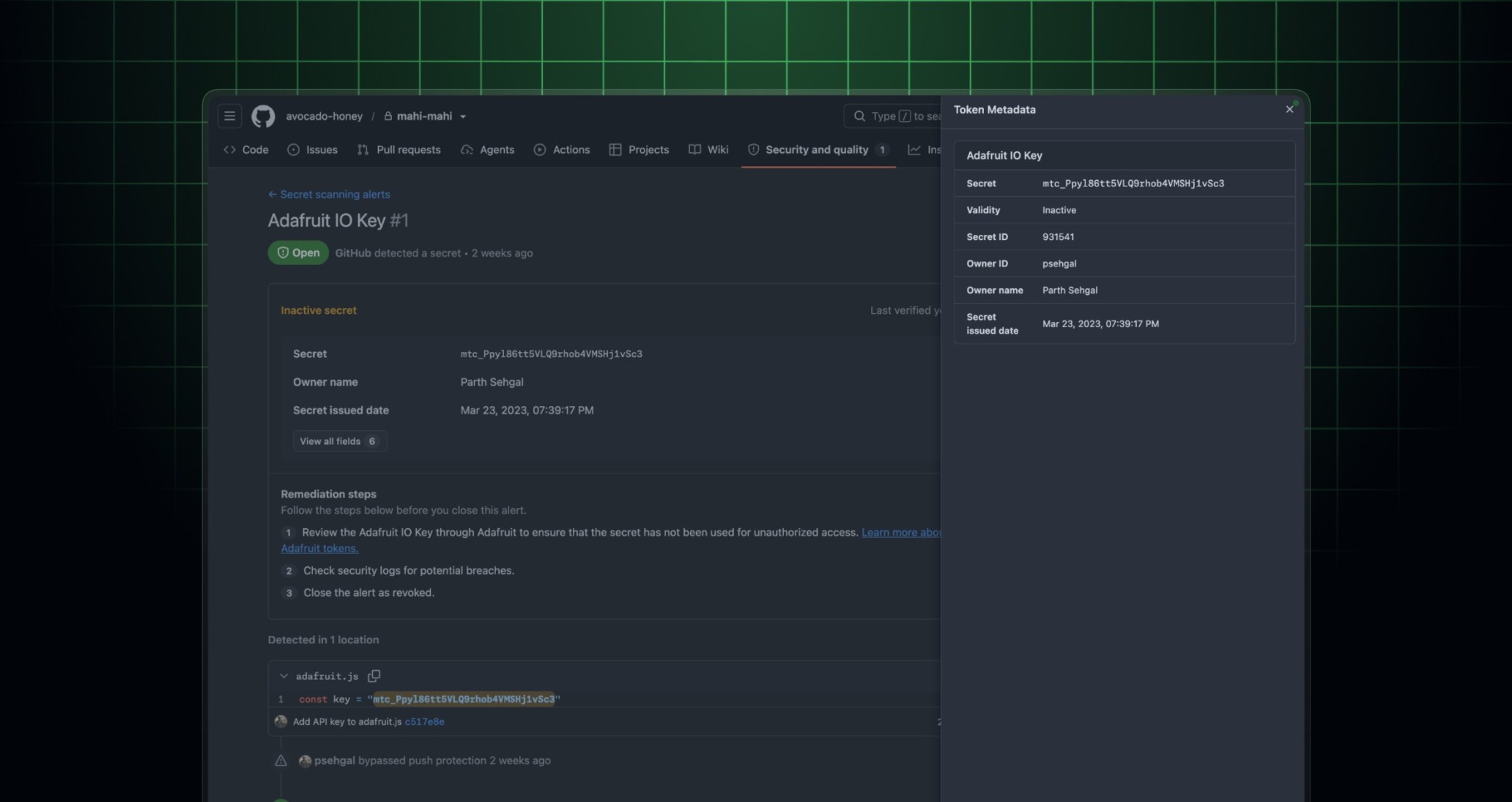 Extended metadata in a secret scanning alert
