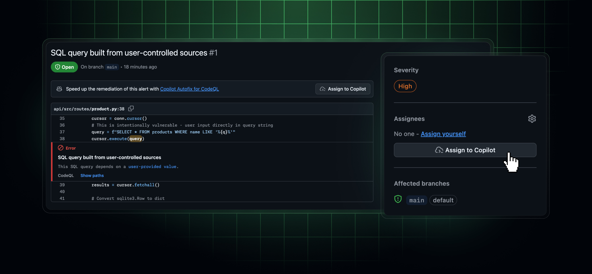 Assigning a code scanning alert to Copilot