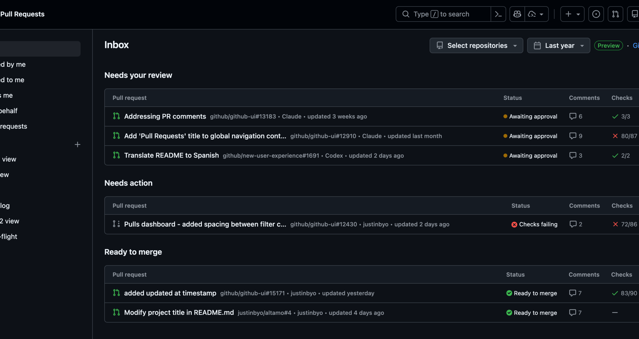 The new pull requests dashboard at github.com/pulls, showing the inbox with review requests, pull requests that need action, and pull requests ready to merge