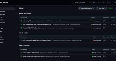 The new pull requests dashboard at github.com/pulls, showing the inbox with review requests, pull requests that need action, and pull requests ready to merge