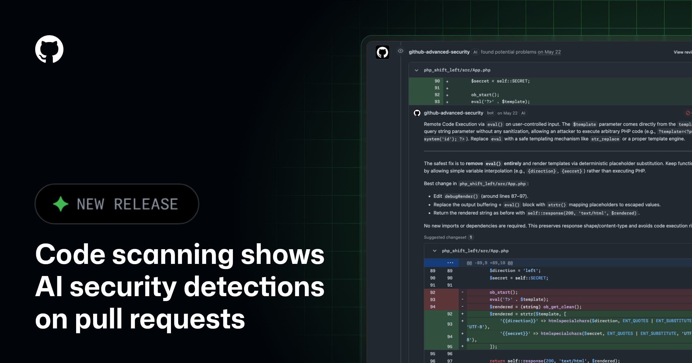 Code scanning shows AI security detections on pull requests