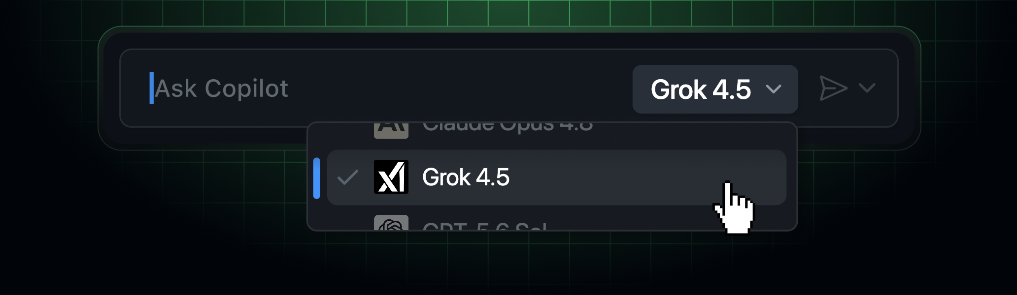The Copilot model picker showing Grok 4.5