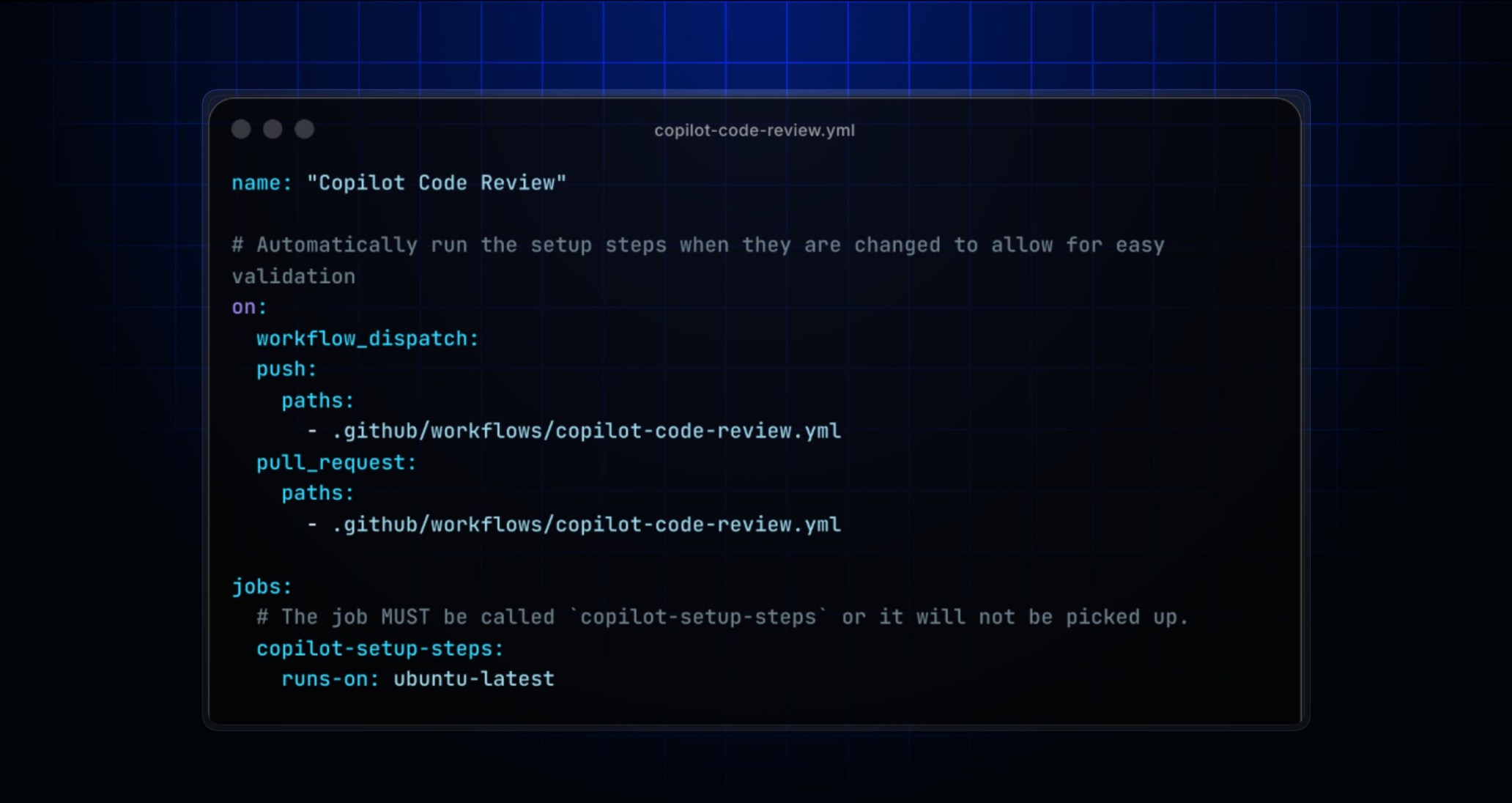 Code browser showing an example copilot-code-review.yml file
