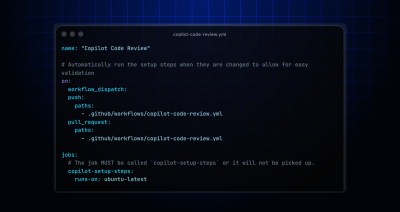 Code browser showing an example copilot-code-review.yml file