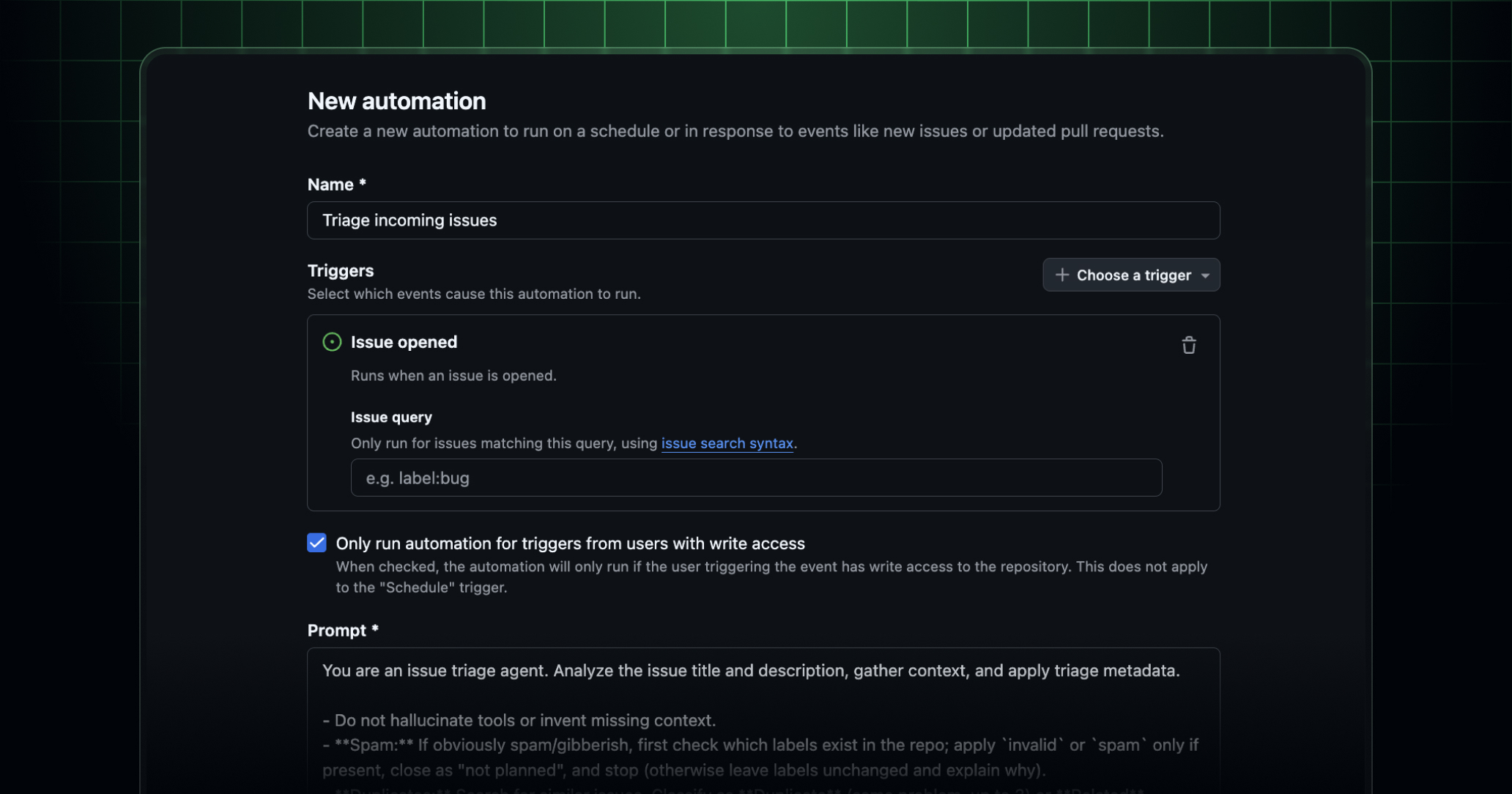 Interfaccia GitHub per creare automazioni del Copilot cloud agent in risposta ad eventi o su pianificazione
