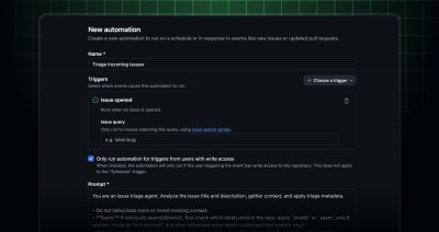 GitHub UI showing a user creating a new automation workflow