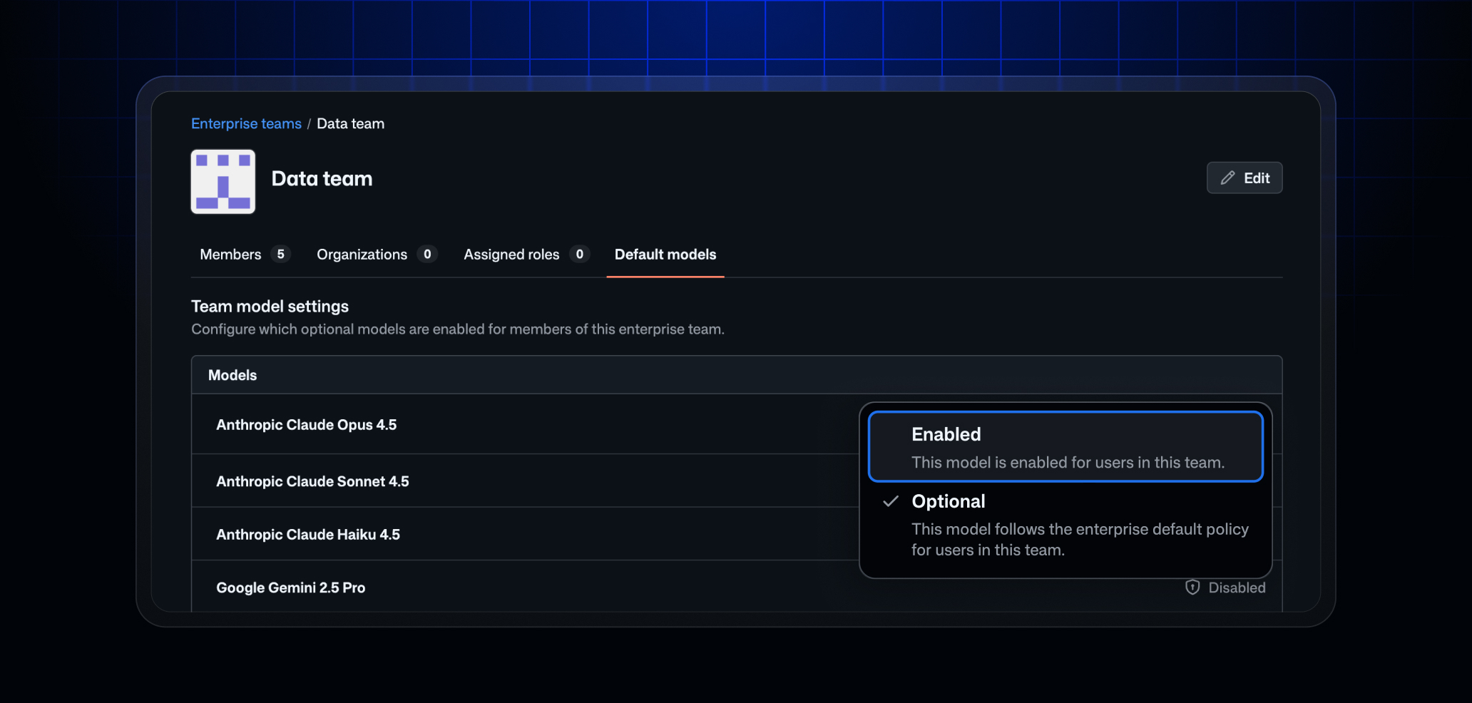 A configuration window for an enterprise team called Data team with the “Default models” tab selected, listing AI models and showing a status menu with “Enabled” selected and “Optional” as another choice for team model access