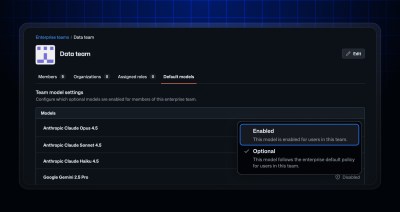 A configuration window for an enterprise team called Data team with the “Default models” tab selected, listing AI models and showing a status menu with “Enabled” selected and “Optional” as another choice for team model access