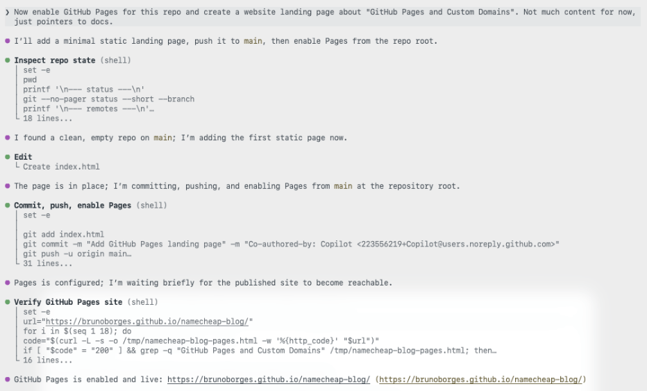 Screenshot showing a prompt to enable GitHub Pages for this repo and create a website landing page about 'GitHub Pages and Custom Domains.'
