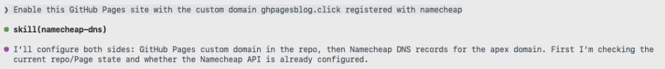 Screenshot of a prompt asking Copilot to 'Enable this GitHub Pages site with the custom domain ghpagesblog.click registered with namecheap.'