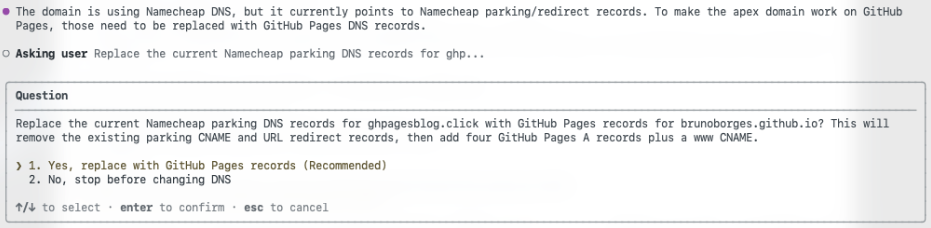 Screenshot of Copilot asking: 'The domain is using Namecheap DNS, but it currently points to Namecheap parking/redirect records. To make the apex domain work on GitHub Pages, those need to be replaced with GitHub Pages DNS records. Asking user: Replace the current Namecheap parking DNS records for ghp...'