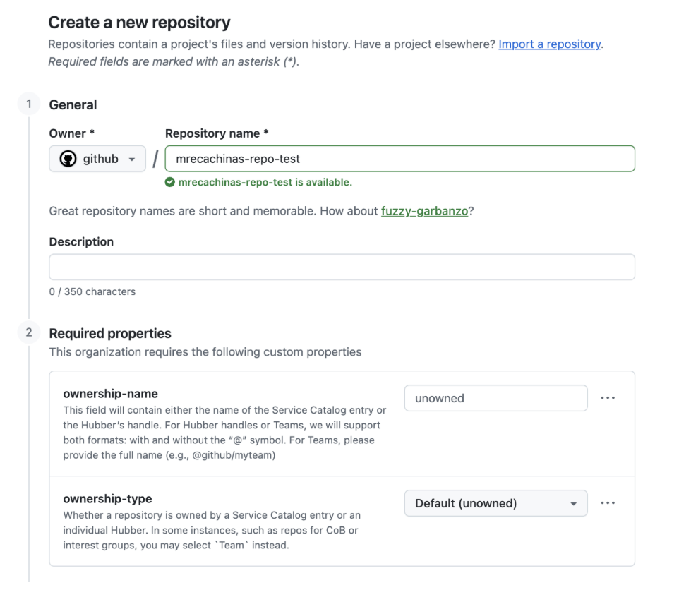 GitHub repository creation page showing required ownership custom property fields.