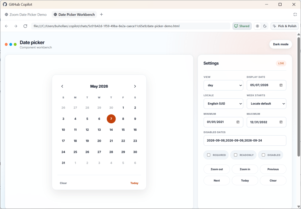 Final date picker result. It shows a monthly calendar on the left and a view settings on the right.