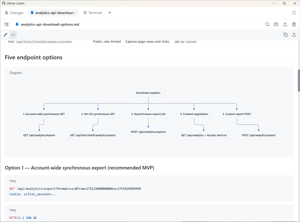A Mermaid diagram comparing approaches for an analytics export API endpoint.