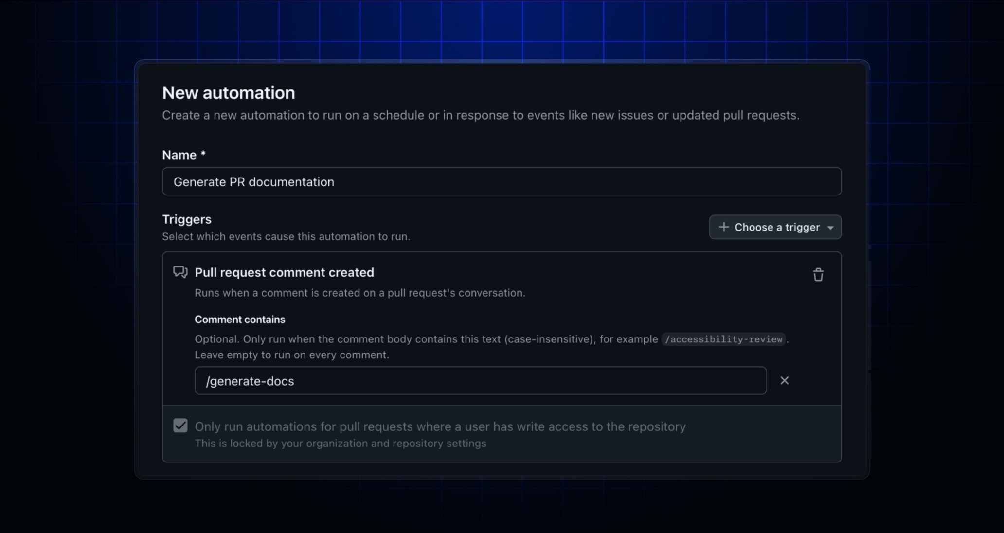 Header image with a screenshot of the form for creating cloud automations with a pull request comment trigger added