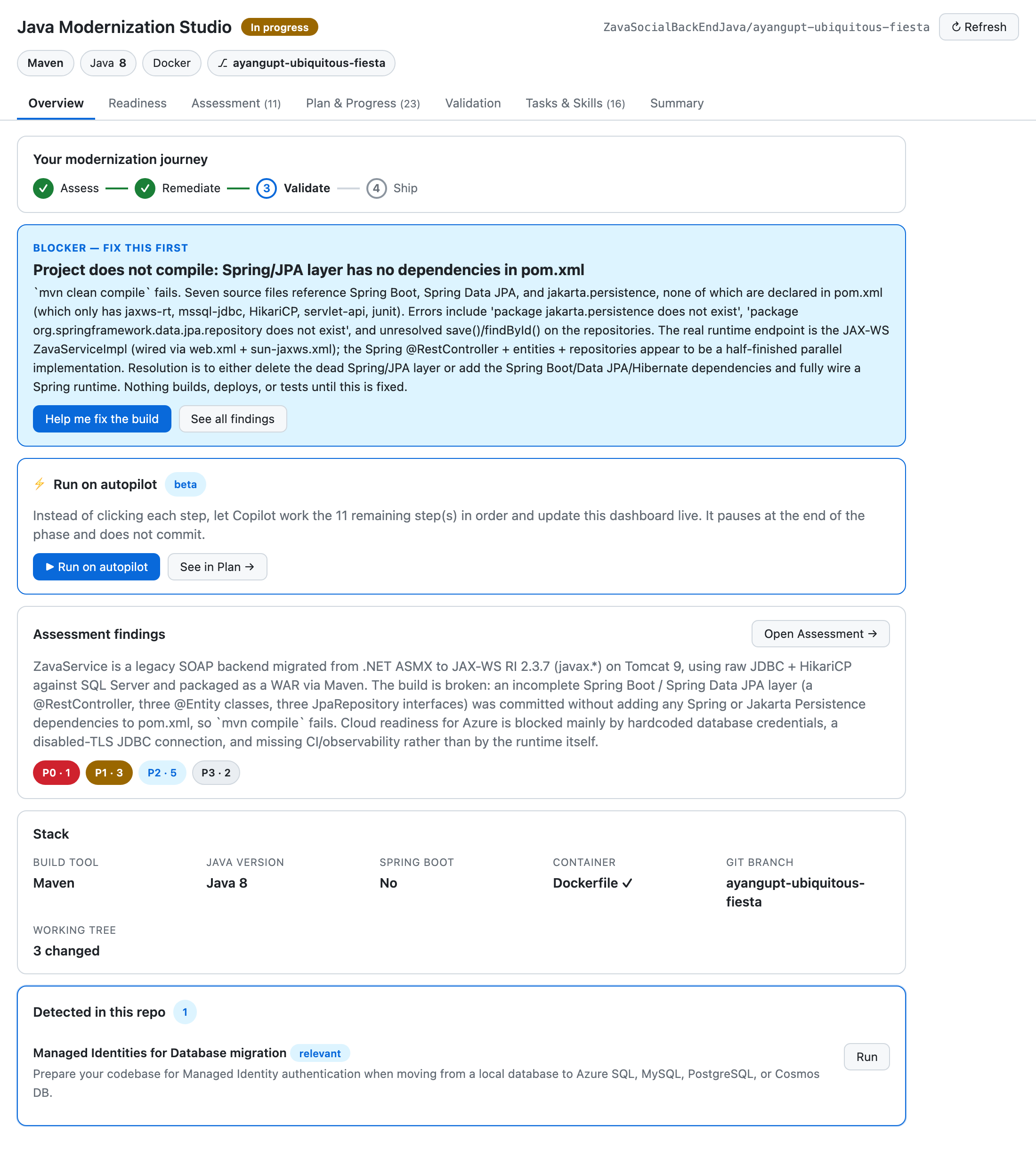 The Java Modernization Studio canvas Overview tab, showing the modernization journey (Assess, Remediate, Validate, Ship), a compile-blocker card, a Run on autopilot option, assessment findings with P0&ndash;P3 severity counts, and the detected stack.